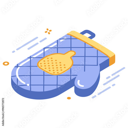 Blue quilted oven mitt with yellow patch floating on white background