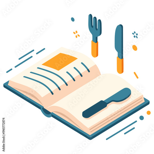 Open cookbook with utensils: knife, fork, food preparation, recipe guide, culinary illustration