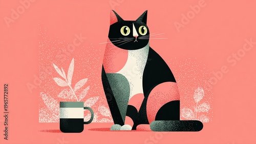 Playful Cat Illustration with Coffee Mug and Leafy Backdrop