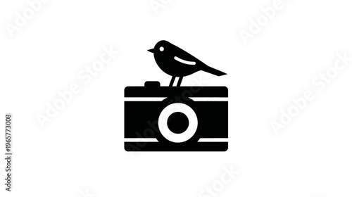Minimalist black icon: small bird perched on a camera, symbolizing nature photography, wildlife, creative media, and outdoor hobbies.