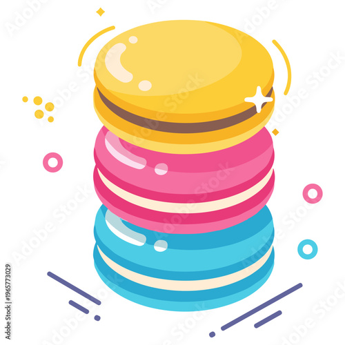 Colorful stack of macarons in yellow, pink, and blue