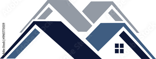 A modern logo design featuring a stylized house and mountain range in shades of blue and gray.