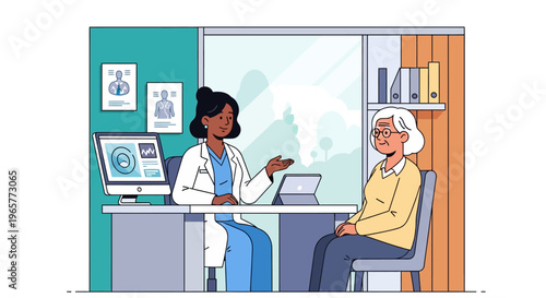 Female Physician Advising Senior Patient in Clinic