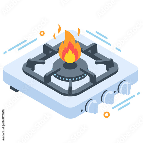Isometric gas stove with lit burner and control knobs in modern design