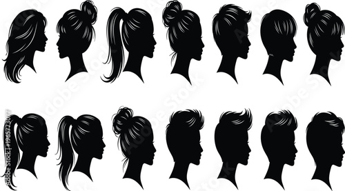 Silhouettes of human head profiles with diverse hairstyles including long hair, buns, ponytails, pixie cuts, and cropped styles