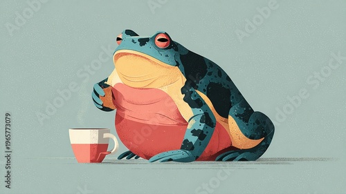 Whimsical Frog Enjoying Tea in a Relaxed Cartoon Style Illustration