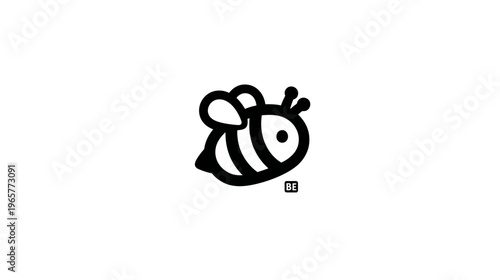 Simple black and white line art illustration of a cute flying bee icon. Minimalist vector insect graphic design element.