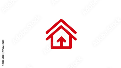 Red house outline icon with upward arrow, symbolizing home growth, real estate investment, property value increase, or upload.
