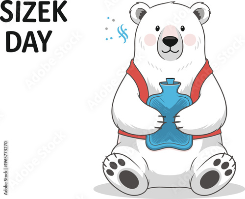 A cartoon polar bear wearing a red vest and holding a blue water bottle on a hot day