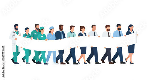 Flat 2D illustration of diverse workers and professionals holding a large banner in a labor union concept with a clean white background.