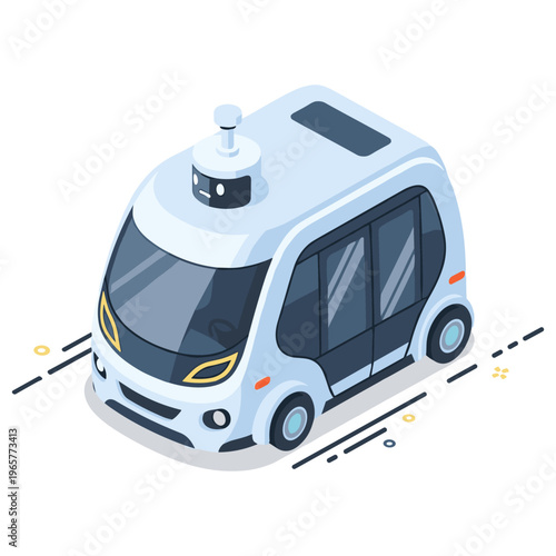 Autonomous electric shuttle bus on urban road with minimalist design. No editable stroke