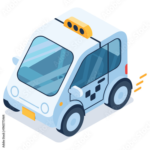 Isometric illustration of a futuristic blue autonomous taxi. No editable stroke