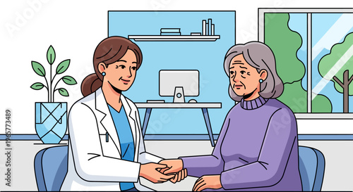 Physician Comforting Senior Patient in Clinic