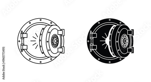 Bank vault door vector icons, open circular safe door with combination lock, heavy steel security vault for finance and banking protection