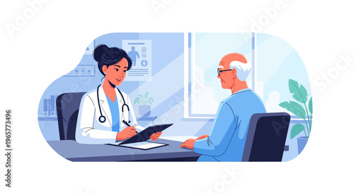 Physician Consulting Elderly Patient in Modern Clinic