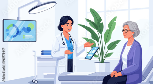 Physician Consulting Elderly Patient in Modern Clinic