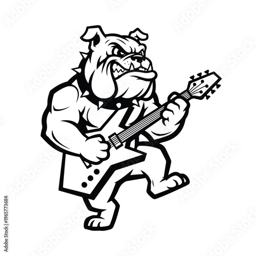 A muscular cartoon bulldog plays an electric guitar as a rockstar hero with a bold and edgy illustration style
