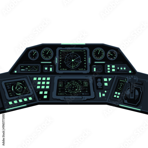 The futuristic cockpit dashboard displays various illuminated controls and instruments.