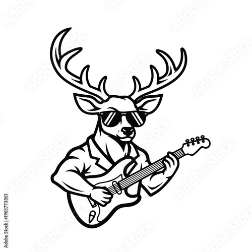 A cartoon deer wearing sunglasses plays an electric guitar as a rockstar hero with a black and white illustration style