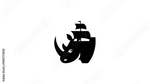 Creative black and white logo combining a strong rhinoceros head with an adventurous sailing ship graphic icon for journey and exploration.