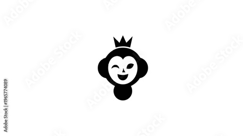 Playful Winking Monkey Head with Crown Vector Illustration. Cartoon Primate Face Icon, Fun Animal Character Graphic Design Element