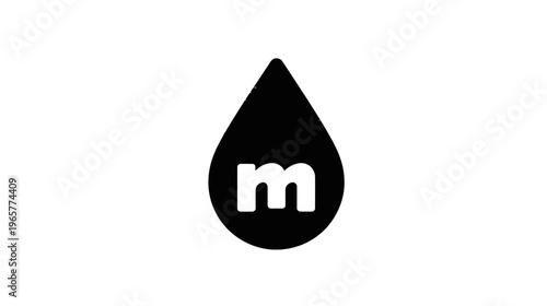 Minimalist black water drop icon with lowercase 'm' letter inside on a white background, simple graphic design element.