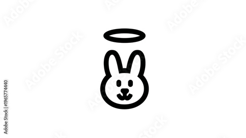 Innocent bunny rabbit head with a halo, charming cartoon icon in black and white line art, a symbol of purity and goodness.