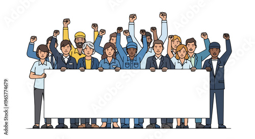 Flat 2D illustration of diverse workers and labor union members holding a large blank banner while protesting with fists raised in a united display.