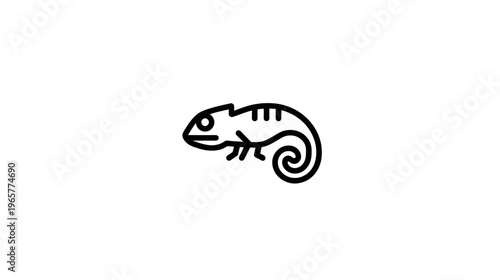 Minimalist black line art icon of a chameleon, a reptile with a coiled tail and distinctive eyes on a white background.