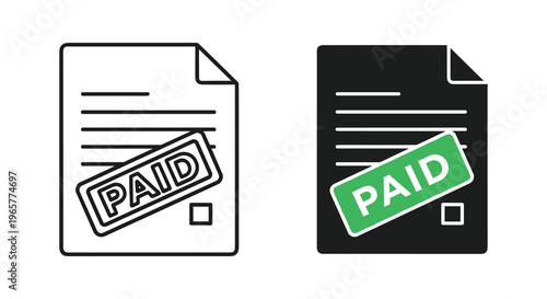 Paid invoice document icons, green rubber stamp on billing paper vector, financial transaction and payment confirmation symbols for business