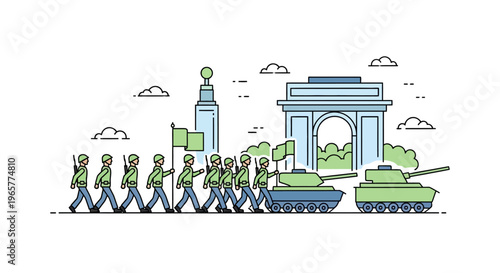 Soldiers marching with military tank formation.