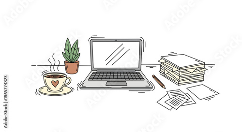 A cluttered desk with a laptop, steaming coffee cup, and stacks of paperwork nearby indoors.