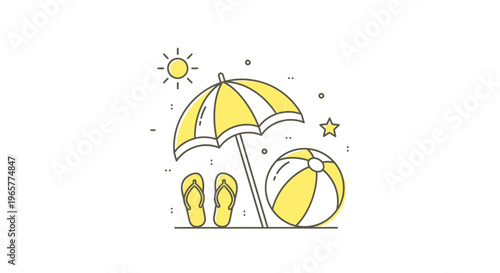 Beach umbrella flip flops and ball.