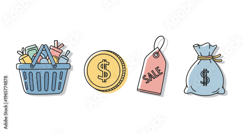 Shopping basket with sale tag, money coin and bag on table indoors