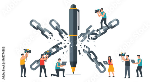 Illustration of people breaking free from chains with a large pen, symbolizing media freedom and protest in a flat 2D style against a clean white background.
