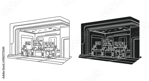 Futuristic command center vector illustration, modern control room with computer workstations, high-tech security operations center line art