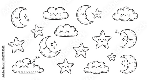 The celestial scene depicts smiling moons, stars, and clouds in a night sky with gentle, dreamy illustrations.