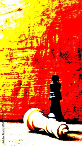 Artistic chess kings on vibrant red background. Fallen white king and standing black king representing victory, defeat, and strategic competition.