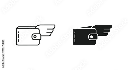 Minimalist flying wallet icons with wings, black and white money loss concept vector, financial spending and debt metaphors
