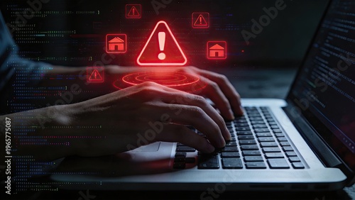 Cybersecurity alert digital warning system hacker attack concept data breach protection computer security online threat detection network defense IT risk management software