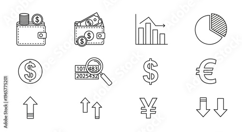 Financial icons and currency symbols.