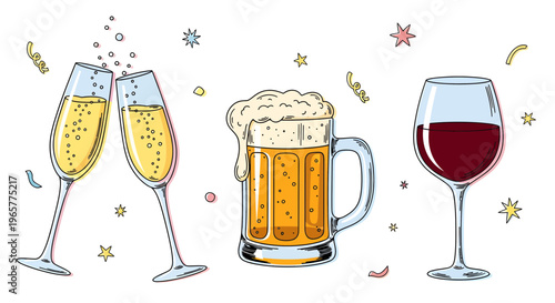 A festive scene of champagne, beer, and wine glasses surrounded by colorful confetti and sparks.