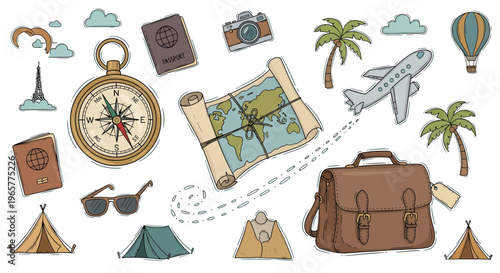 Travel essentials laid out for adventure seekers on a map