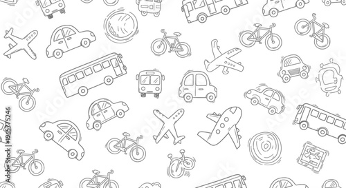 Vehicles and transportation modes scattered on a plain background