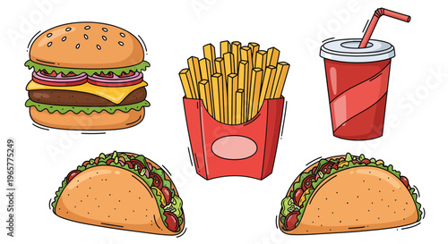 A colorful illustration of a fast food meal with a burger, fries, soda, and two tacos on a table indoors.