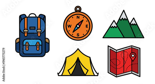 Camping gear and mountain icons set.