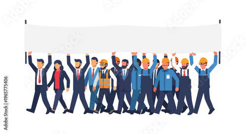 Flat 2D illustration of workers in hard hats and business attire holding a large blank banner while walking and protesting in a labor union concept.