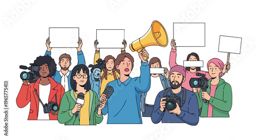 A diverse group of people holding protest signs, a megaphone, and media equipment in a flat 2D illustration, conveying a sense of freedom and media presence.