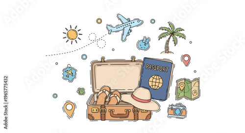 A suitcase overflowing with travel essentials sits open on a scenic background with a palm tree, airplane, and map, surrounded by landmarks and a sunny day.