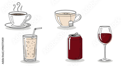 A collection of various beverages including coffee cups and glasses with drinks